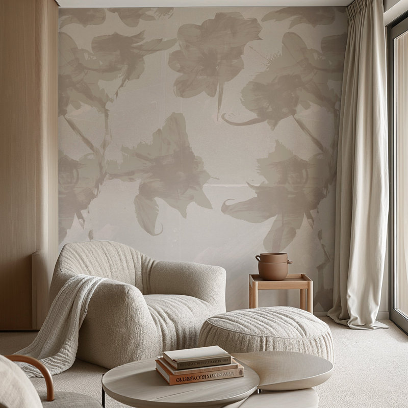Abstract Black and Off White Floral Wallpaper, Beige