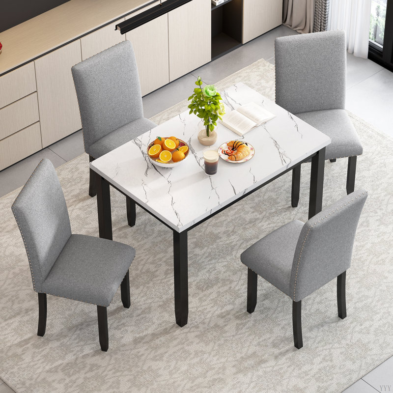 Ensemble de table de salle à manger 5 pièces pour 4 personnes, table de cuisine moderne et ensemble de 4 chaises, table de salle à manger en marbre avec 4 chaises rembourrées pour petits espaces
