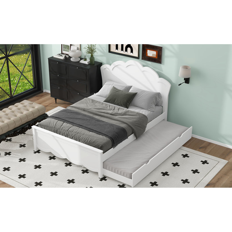 Lit plateforme en bois de taille avec tête de lit et lit gigogne simple, blanc - sans sommier, lit gigogne double pour utilisation à long terme, utilisation de l'espace, facile à assembler, besoin de ressort