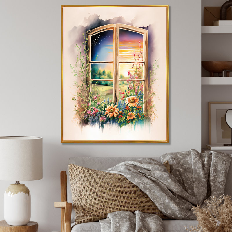 Été coucher de soleil floral fenêtre III - ferme fenêtres, reproduction sur toile, H 44 po x l 34 po, Cadre flottant doré
