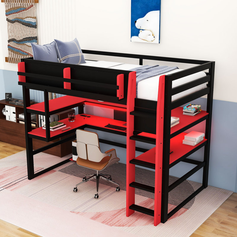 Lit mezzanine en bois avec bureau, lumière DEL, ports de chargement et tablettes, Lit simple, Rouge