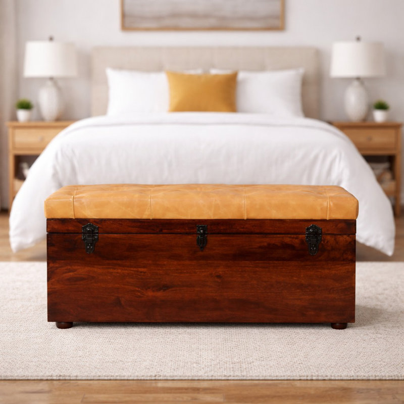 Banc de rangement en cuir brun clair