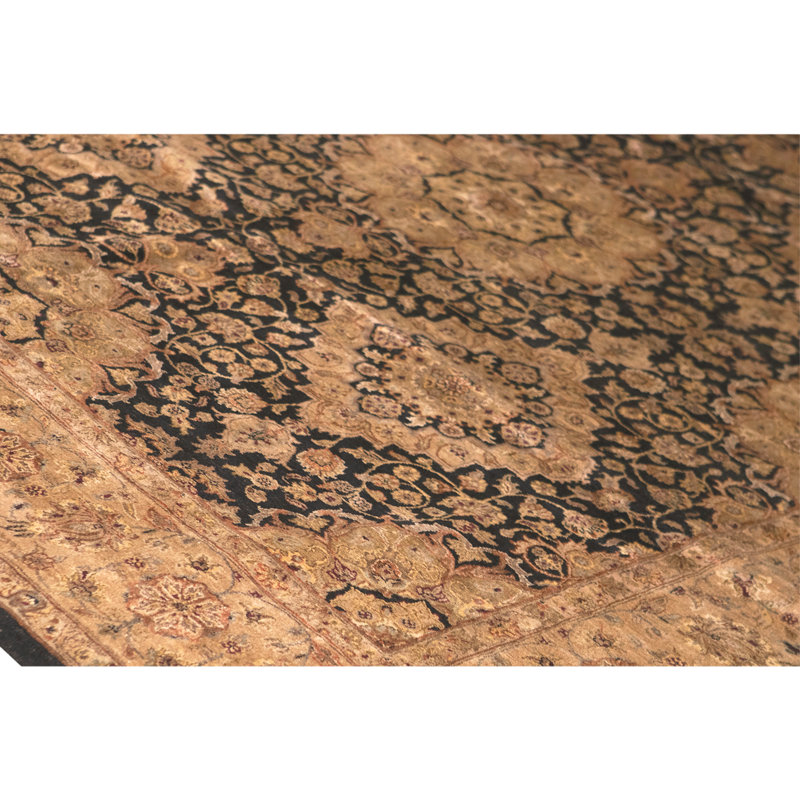 Hand Knotted Silk Area Rug in Black And Light Gold