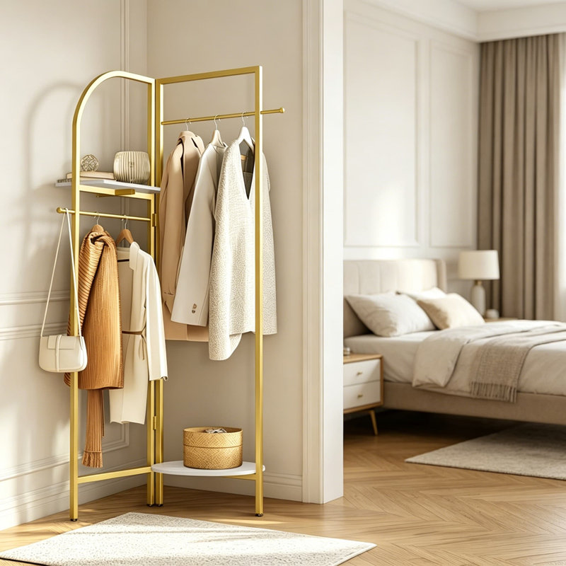 Heavy Duty Corner Golden Metal Clothing Racks Freestanding Clothes Racks Coat Rack With 2 Shelves Angle Adjustable Design Unique Garment Racks Display Racks For Hanging Clothes