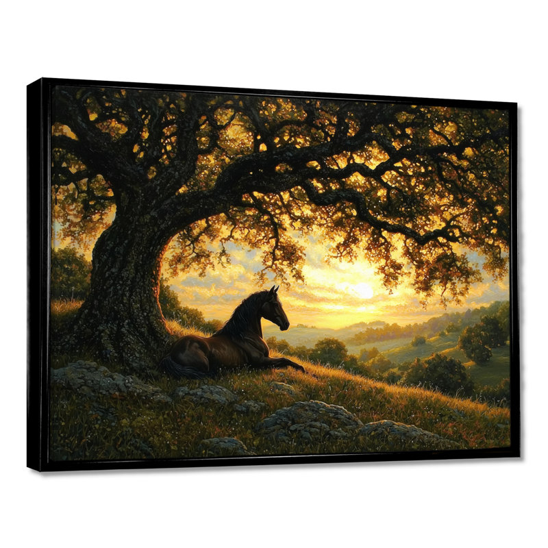 Cheval et chêne - art mural cheval pour le salon, H 30 po x l 40 po, Picture Frame Print, Noir