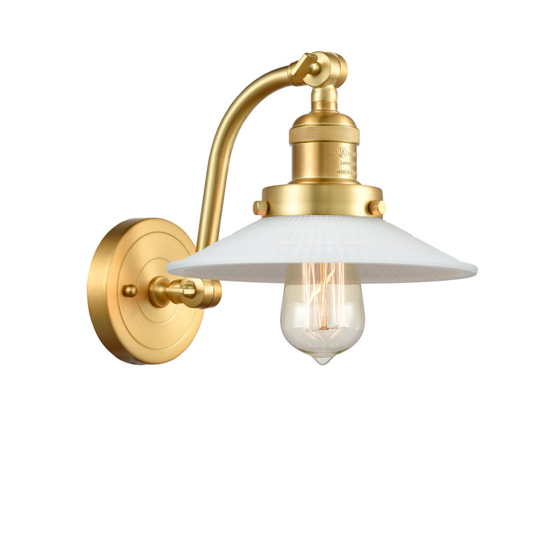 Miramontes Armed Sconce, No Bulb Included, Matte White Halophane, Brushed Brass
