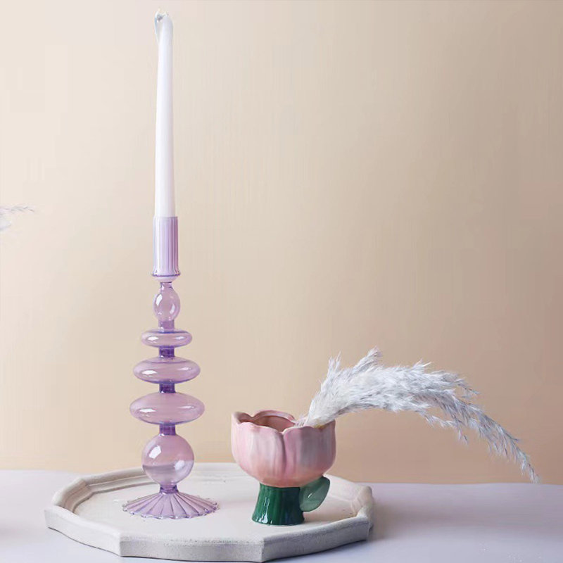 Vase en verre pour centre de table moderne et élégant porte-bougie de mariage mariage décoration de pendaison de crémaillère base rayée mauve