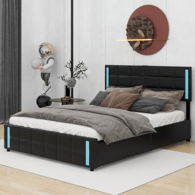 Grand lit plateforme tapissier Keion avec lumières DEL