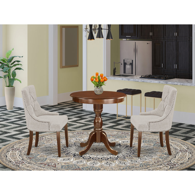 3 Piece Dinette Set for Small Spaces Contains a Round Dining Table with Pedestal and 2 Doeskin Linen Fabric Parsons Dining Chairs, Mahogany