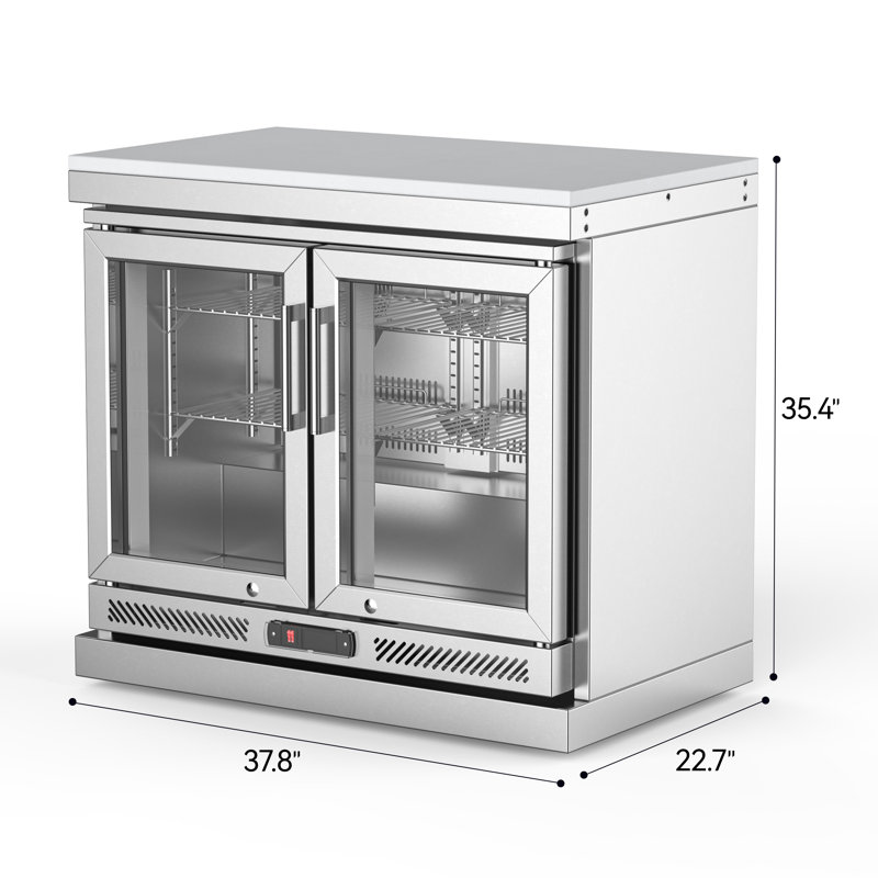 Armoire de réfrigérateur d'extérieur en acier inoxydable avec comptoir en quartz blanc, roues, porte double, 4,1 Pi. Capacité
