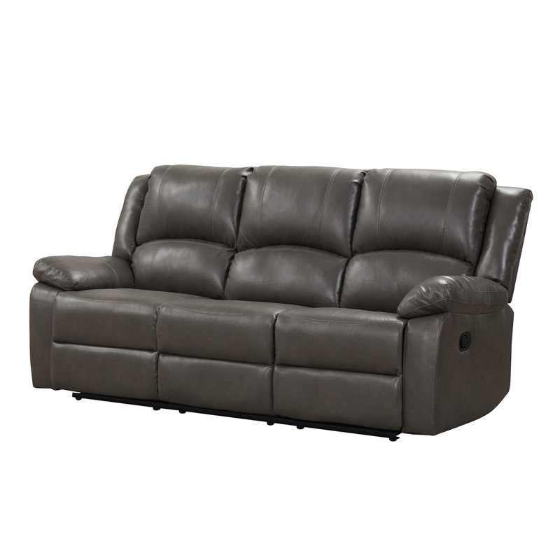 Lizzy Sofa, Manual Reclining, Pillow Arms, 82 Inch Solid Wood, Grey Leather