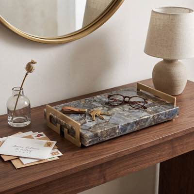 Decorative Metal Stone Accent Tray for Home Entryway Decor - Centerpiece Display with Handles for Coffee Table or Dining Table Organizer - 14", Gray & Gold