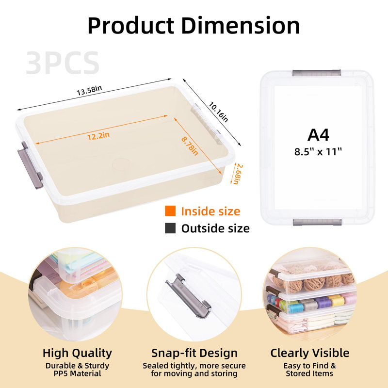 3 bacs de rangement en plastique avec couvercles verrouillables