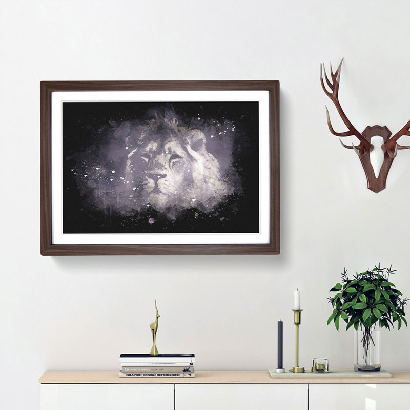 Lion In The Mist Paint Splash - Picture Frame Graphic Art, 33cm H x 45cm W x 2cm D, Walnut Framed