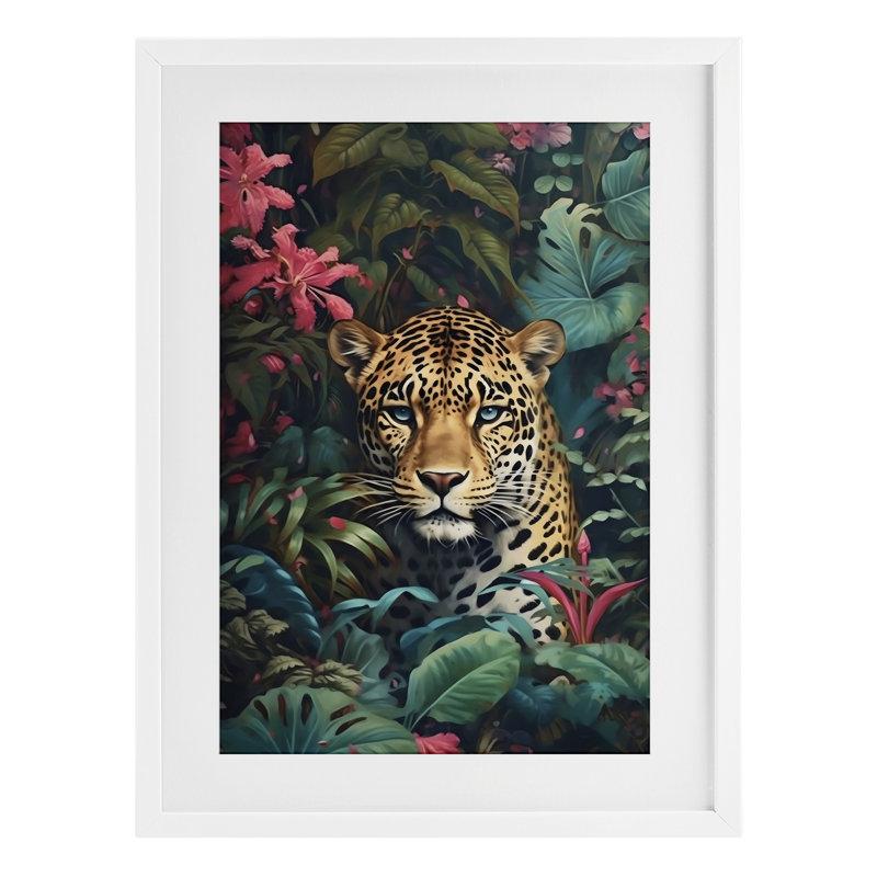 Jaguar avec regard émeraude silencieux encadré sous verre, design par Creative Studio, 23 x 17