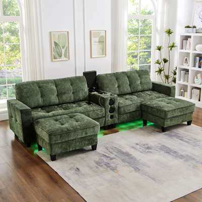 U-Shaped Sectional Sofa With Storage Ottomans, Bluetooth Speakers And LED Lights For Living Room