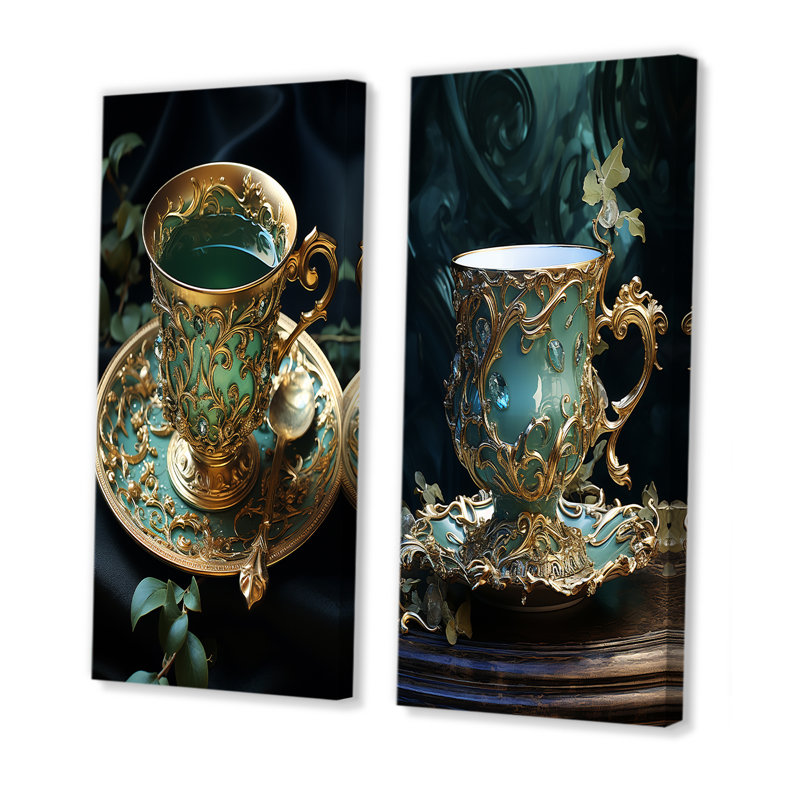 Élégance sophistiquée thé Élégance - ensemble de 2 impressions murales de verres, H 28 po x l 25 po, Toile tendue