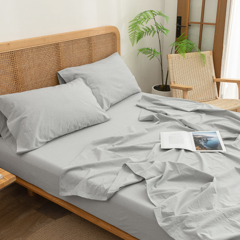 BESTOUCH Sheet Set 100% Washed Cotton Linen Feel Lightweight, Queen Sheet Set with 2 Pillowcases, Northern Droplet Gray