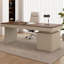 Bureau rectangulaire à 6 tiroirs brun noisette + beige massif + bois manufacturé-318559550-318559551