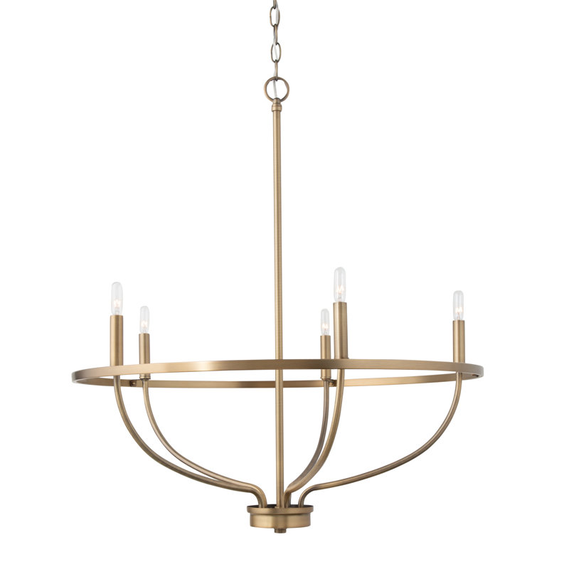 Babson Dimmable Wagon Wheel Chandelier, Aged Brass, 5, 33" H x 29" W x 29" D
