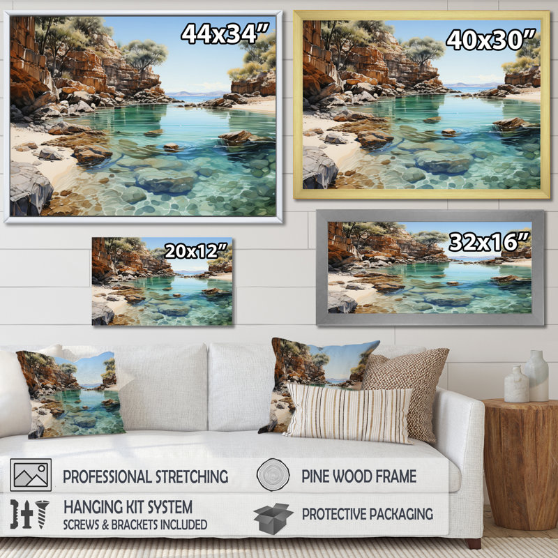 Bevard Rocky Beach Isolé sur toile, H 24 po x l 32 po x P 1 po, Cadre flottant doré