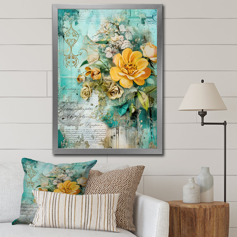 «Blossoming Yellow Rose On», art rétro, Cadre photo argenté, H 44 po x l 34 po x P 1,5 po