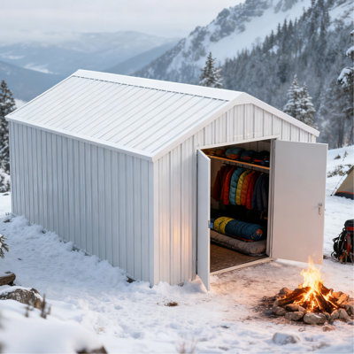 Abri de jardin métallique à double porte, 3,66 m x 6,10 m (22,3 m²), structure en acier de calibre 14 et finition résistante aux intempéries. Solution : abri simple de 6,10 m avec portes, toit renforcé de 66 cm, hauteur de 2,74 m.