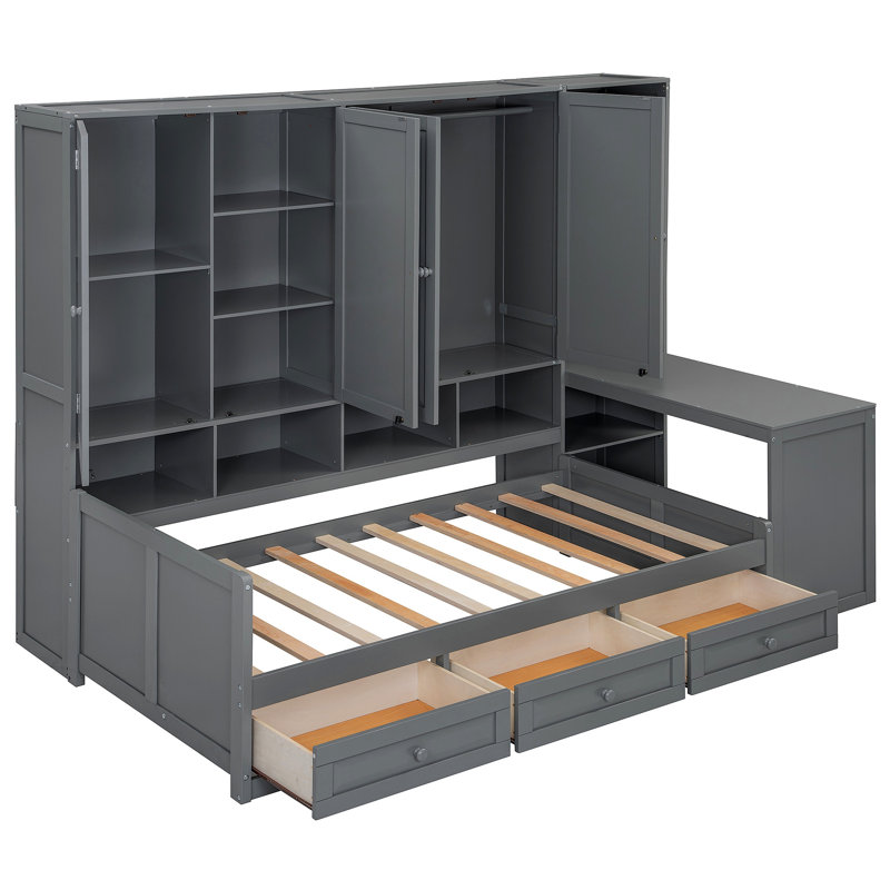 Wooden Daybed With Three Drawers, And All-In-One Cabinet, Desk And Shelves, Gray, Twin