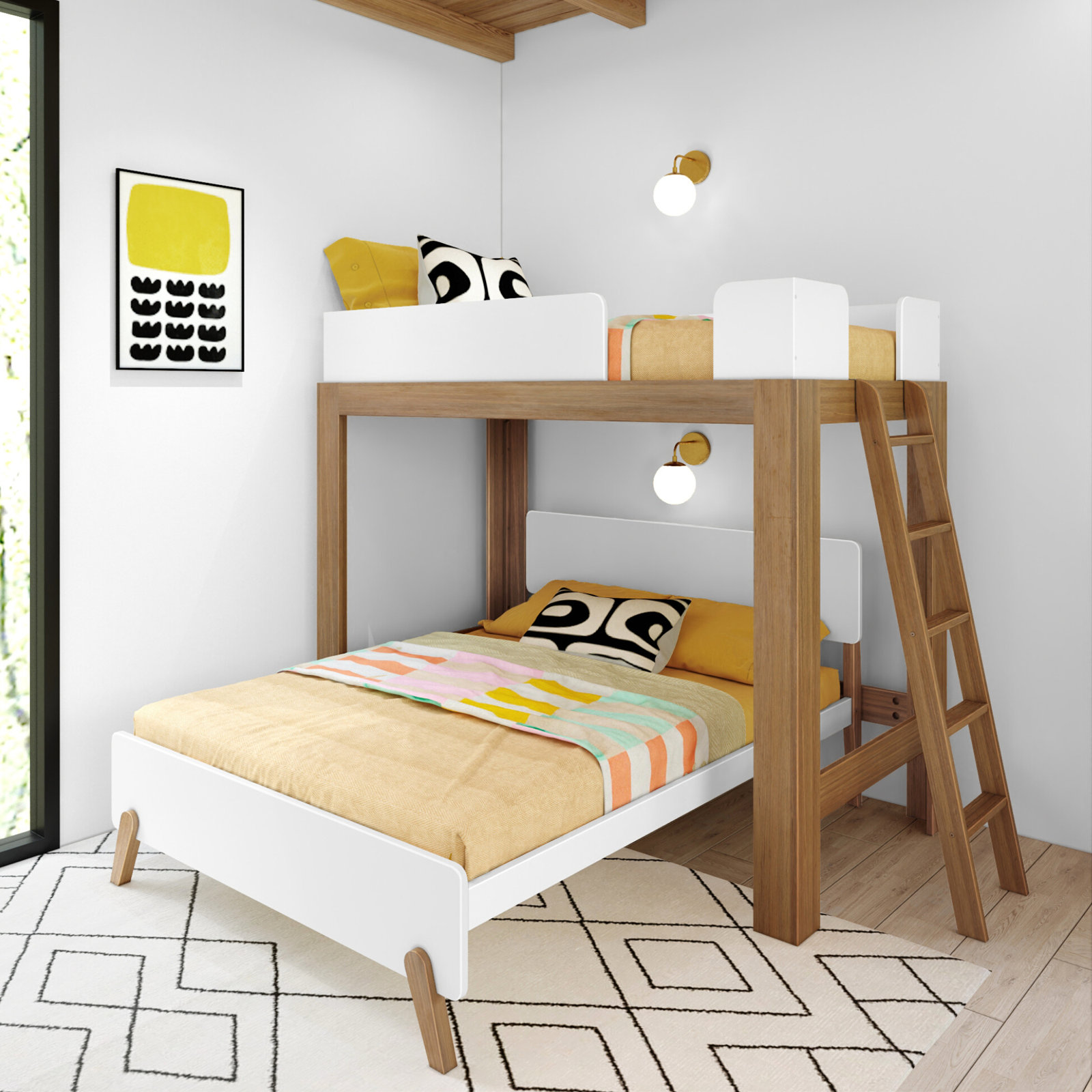 Ambur L-Shaped Bunk Bed, Twin over Full, White/Brown