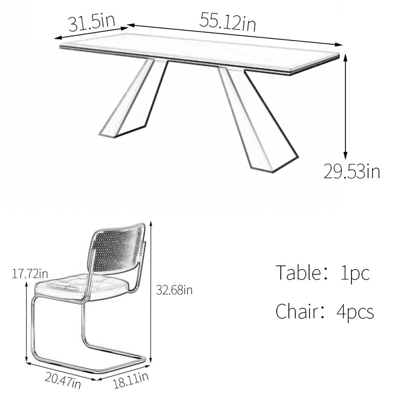 Ensemble de table de salle à manger en pierre blanche et noire, H 29,53 po x L 55,12 po x l 31,5 po