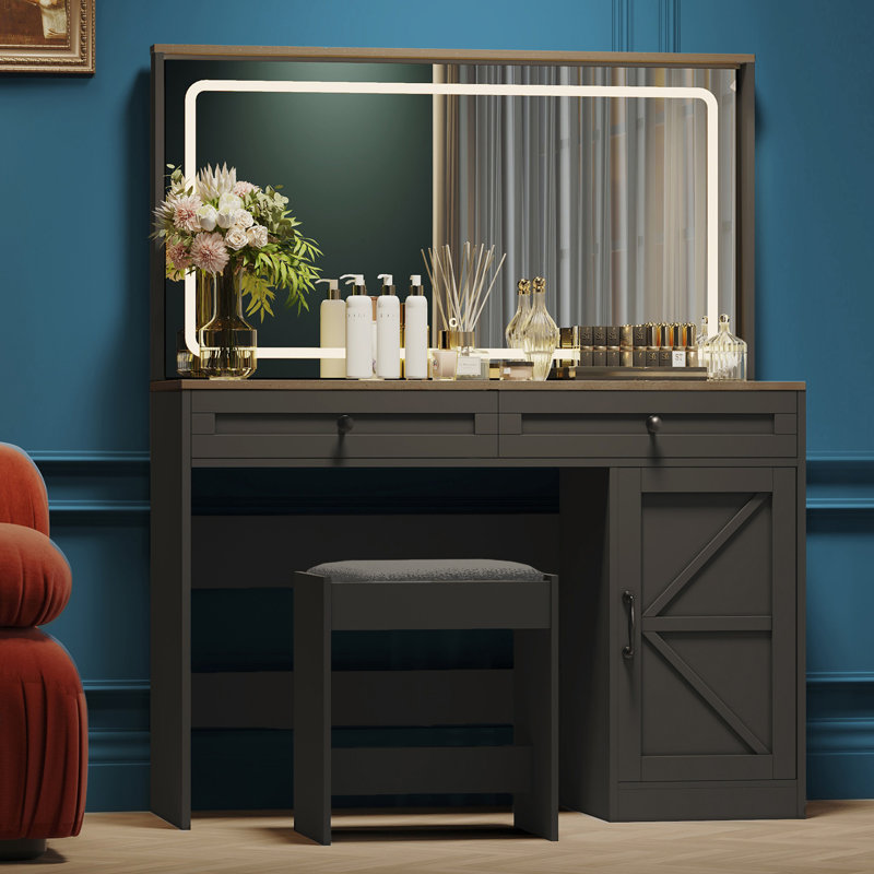 Table de coiffeuse avec grand miroir et bande lumineuse à DEL, luminosité réglable, coiffeuse avec 3 tiroirs, tabouret, Noir