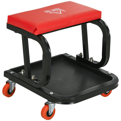 HOMCOM Workshop Stool, Rolling Machine Stool, 360° Swivel, Tool Tray, Red