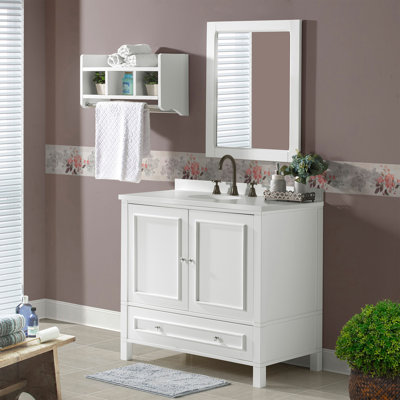 Alaterre Furniture Williamsburg 2pc Wooden Bathroom Vanity Set with 36"L Bathroom Vanity With Storage and a 30"L Rectangular Mirror, White