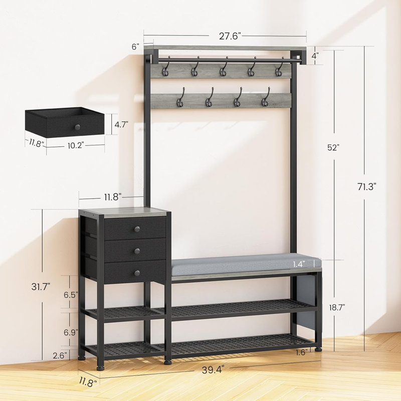 Hall Tree With Bench And Shoe Storage,7-in-1 Entryway Bench With Coat Rack, Hall Tree With Storage Bench, Hangrod And 9 Hooks, Rustic 