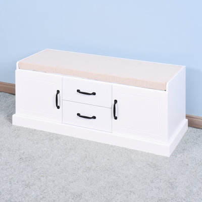 2 Doors Drawers Wooden Shoe Cabinet, White Mat Living Room Storage Bench For Entryway, , 43.76 In. Depth, 16.3 Width, 17.26 Height, 47.63 Lb Weight & Drawers, Cushion, D, W, H,