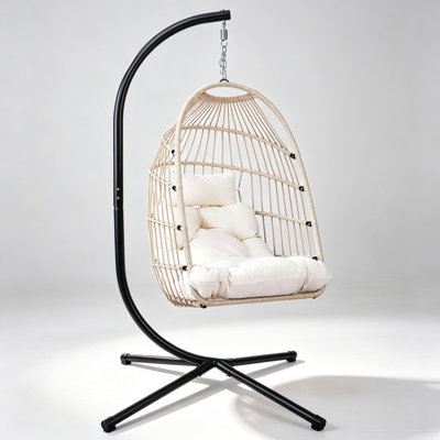 Foldable Outdoor Wicker Egg Swing Chair with Stand, Cushion & Pillow, Heavy-Duty Steel-Aluminum Frame, 350 lbs Capacity, HDPE Rattan Hanging Patio Chair, White