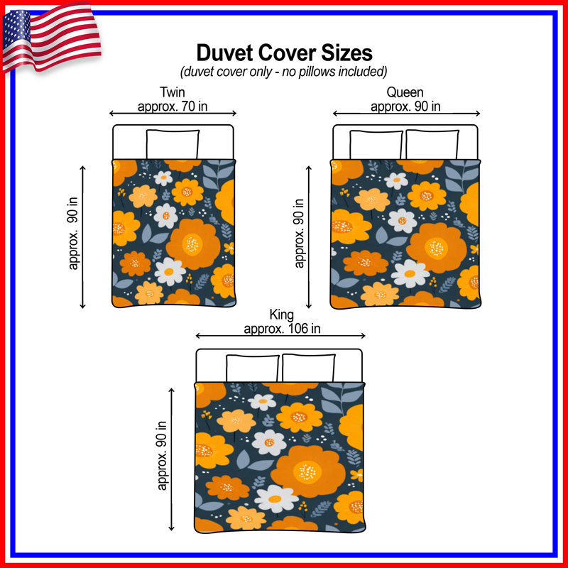 Housse de couette Floral Bedding, Housse de couette pour grand lit, Orange / floral gris