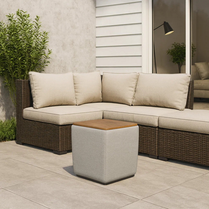 Repose-pieds avec rangement Mody, revêtement gris, plateau en bois brun de 19 pouces
