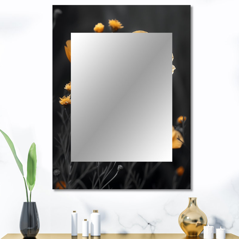 Jaune jaune noir Poppies Luminous Joy II - miroir décoratif mural coquelicots, grand miroir traditionnel, art imprimé en métal