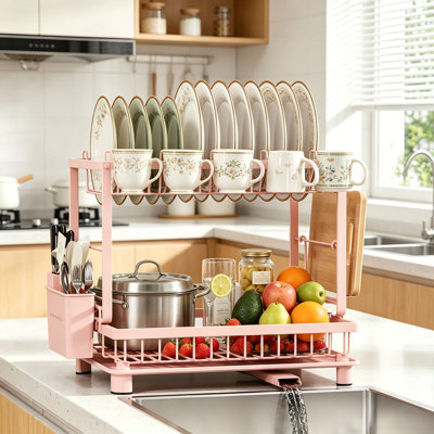 2-Tier Rustproof Dish Drying Rack with Drainboard & Holders, Pink