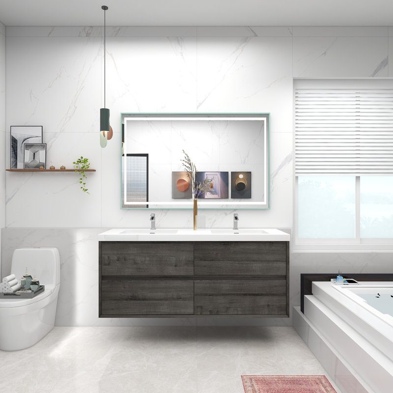 Ensemble de meuble-lavabo double mural 60 po Audrieana, Chêne fumé