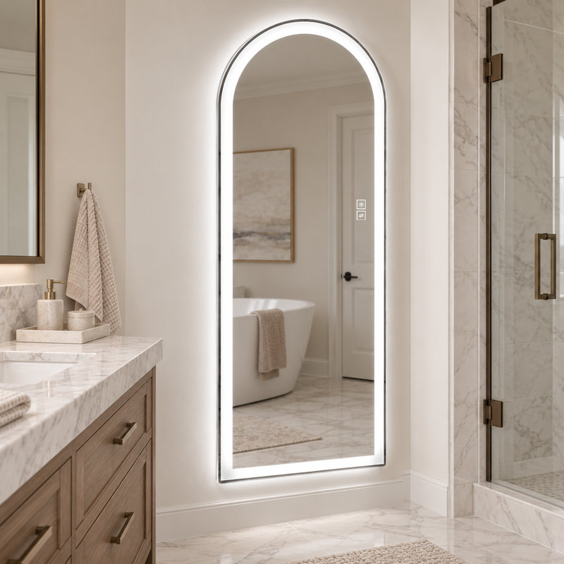 Arched Frameless LED Full Length Wall Mirror with 5mm Copper Free Silver Glass Dimmable Dual Color Lights Plug In or Hardwired