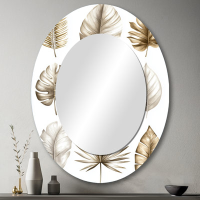 Reflection Tropical Grey Leaves III - Large Oval Wall Mirror On Metal