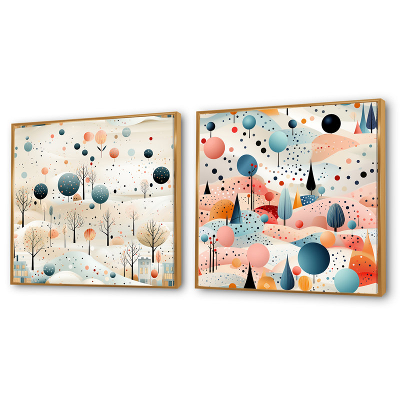 Ensemble de 2 collages carrés gris et bleu à motif de pokas rétro - paysages abstraits, Cadre flottant doré