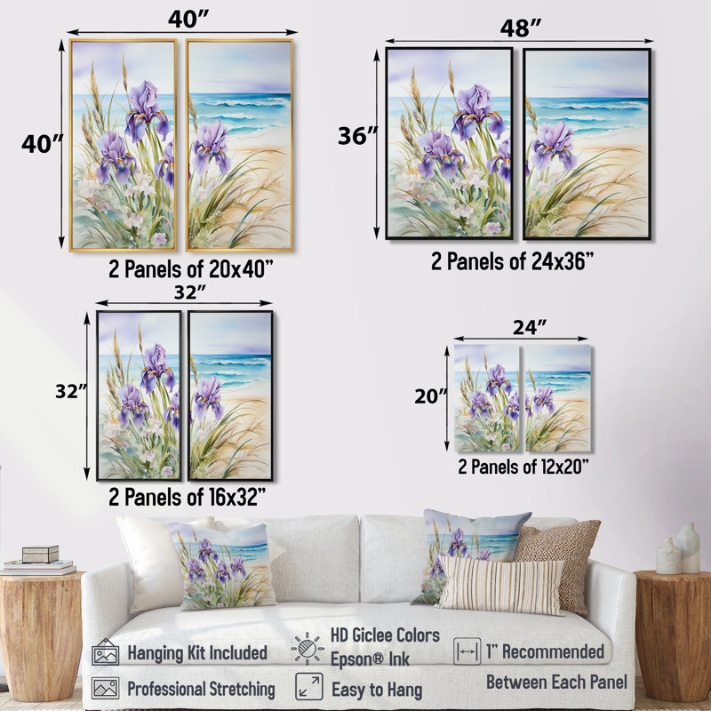 Iris mauves sur la plage II - Reproduction d'art traditionnel mauve sur toile, H 32 po x l 32 po, Toile tendue sur cadre
