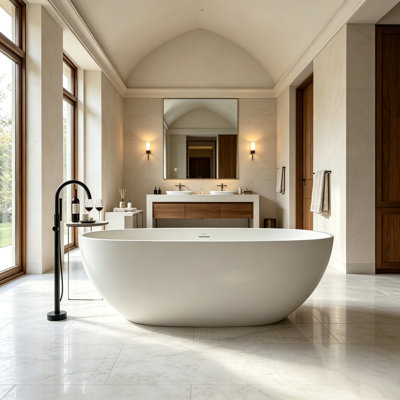 MonBlari 71" X 31.5" Solid Surface Freestanding White Soaking Bathtub With Overflow And Pop-Up Drain For Bathroom