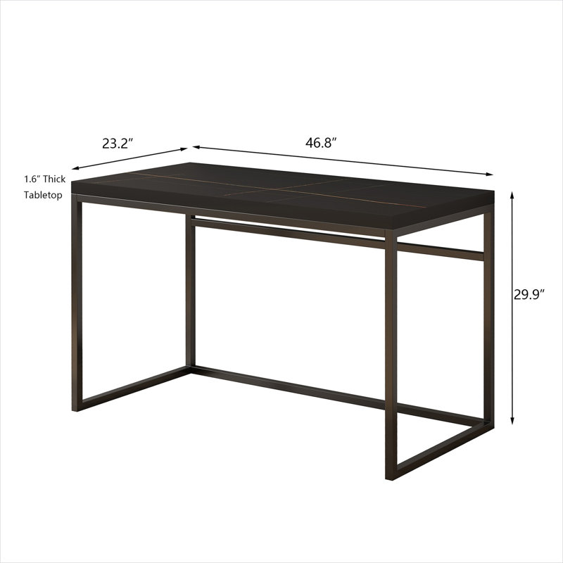 Bureau d'ordinateur noir aspect marbre avec structure en acier robuste et surface de travail spacieuse