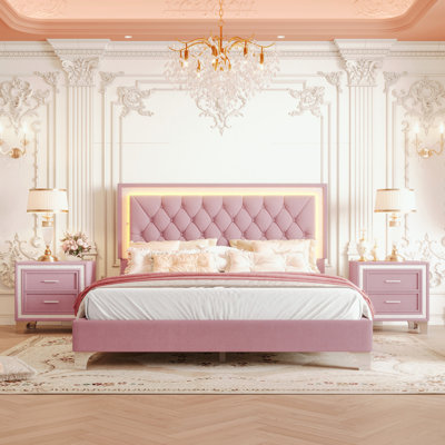 3-Pieces Bedroom Sets with Queen Size Bed with LED Lights and Two Nightstands