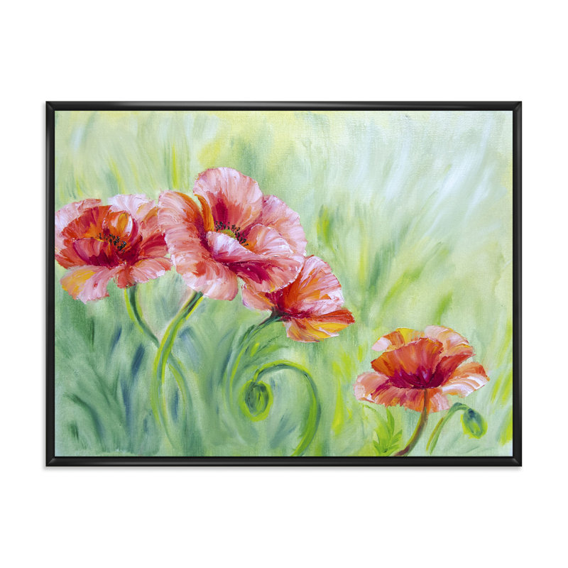 «Red Blossoming Poppies II», peinture sur toile, H 24 po x l 32 po x P 1 po, Toile avec cadre noir