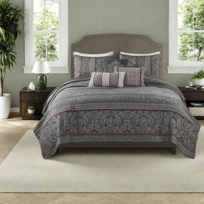 Luxurious 6-piece Bedding Sets With Jacquard Quilt And Decorative Pillows, Grey Polyester, Modern Elegance For Home Décor